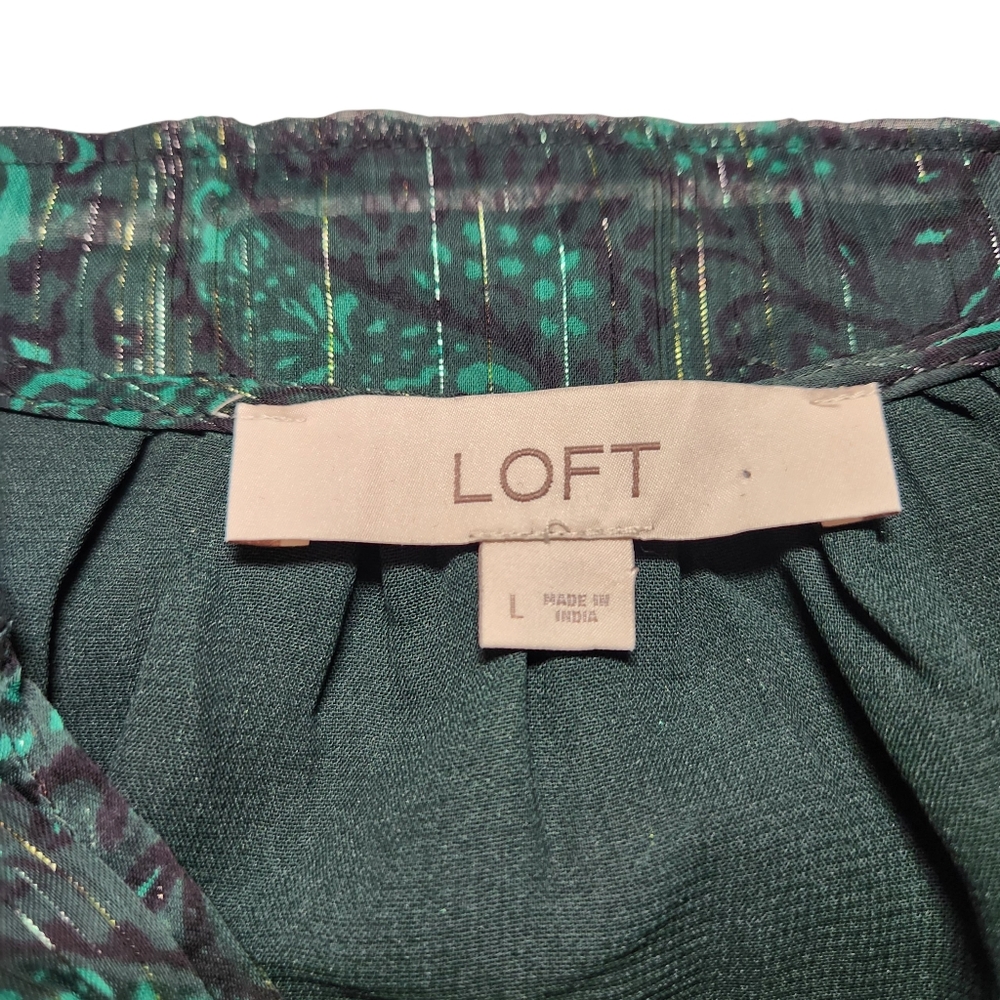 Loft Sheer Green Black Shimmer Velvet Tie Neck Ruffle Sleeveless‎ Blouse Top L - Picture 12 of 15